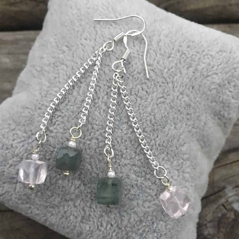 Rose Quartz Aquamarine gemstone sterling earrings
